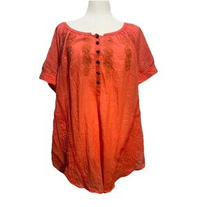 NINE WEST Women L Pink Short Sleeve Top Embroidered Pleated Boho Peasant Hippie